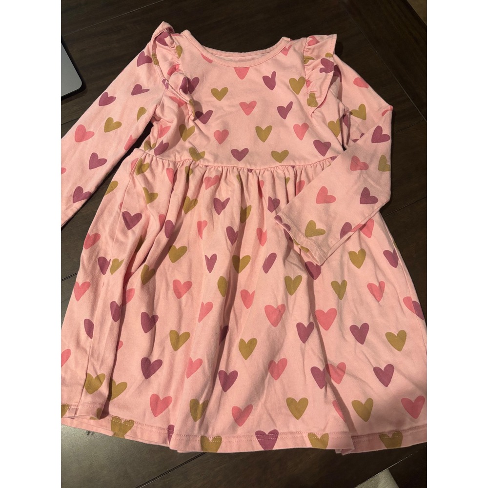 Garanimals Girls Pink Heart Print Long Sleeve Ruffle Shoulder Dress 5T